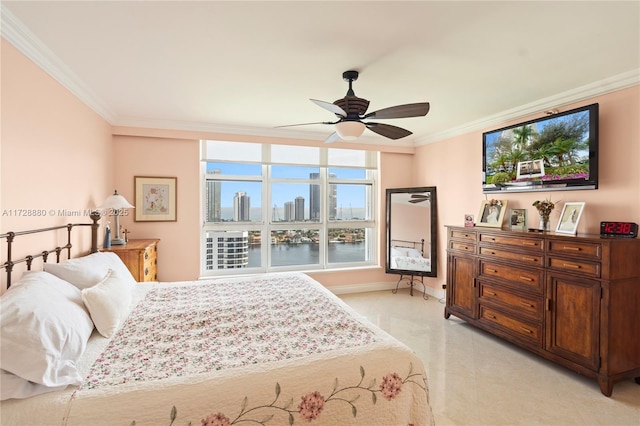 bedroom with crown molding and ceiling fan