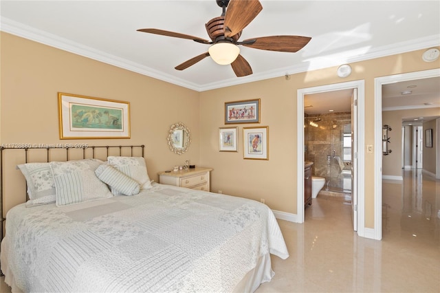 bedroom with crown molding, ceiling fan, and ensuite bath