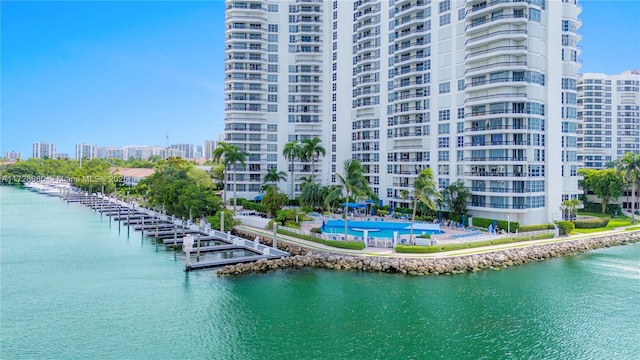 exterior space with a water view