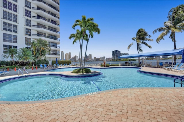 view of swimming pool featuring a patio area