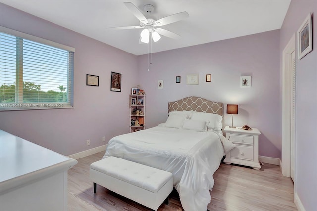 bedroom featuring ceiling fan and light hardwood / wood-style floors