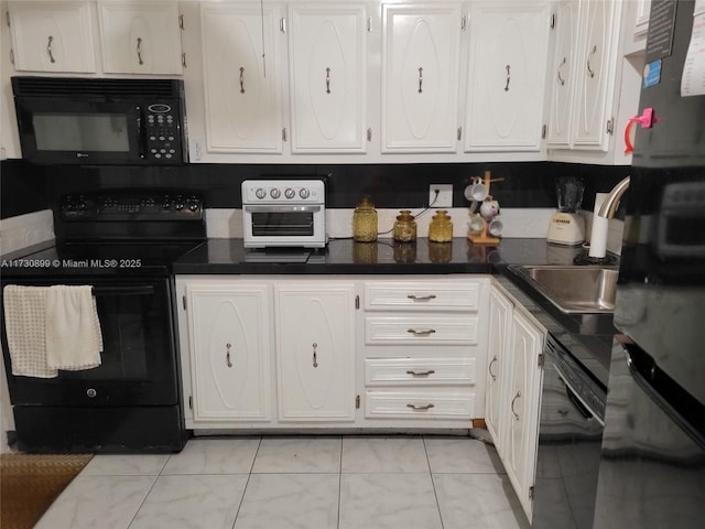 kitchen featuring sink, white cabinetry, light tile patterned floors, and black appliances