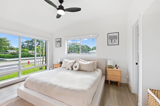 bedroom with ceiling fan, light hardwood / wood-style flooring, vaulted ceiling, and multiple windows