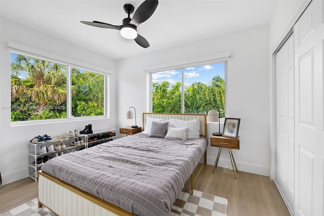 bedroom with a closet, ceiling fan, and light hardwood / wood-style flooring