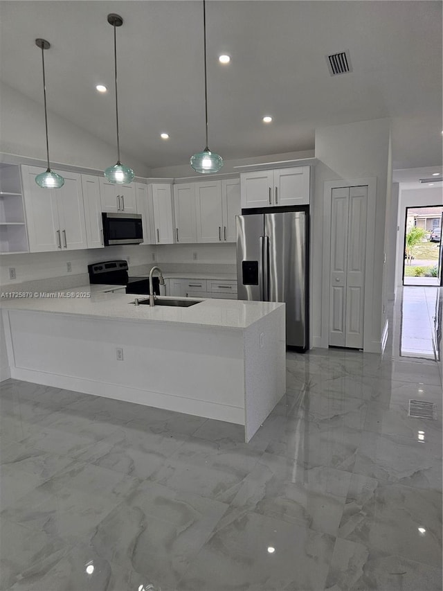 kitchen with marble finish floor, stainless steel appliances, white cabinetry, open shelves, and a sink