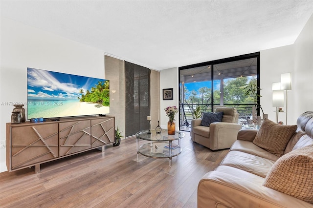 living room featuring hardwood / wood-style floors, floor to ceiling windows, and a textured ceiling