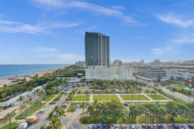 aerial view featuring a water view and a beach view