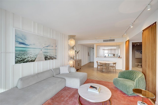 living room with parquet floors