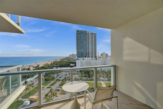 balcony with a water view and a view of the beach