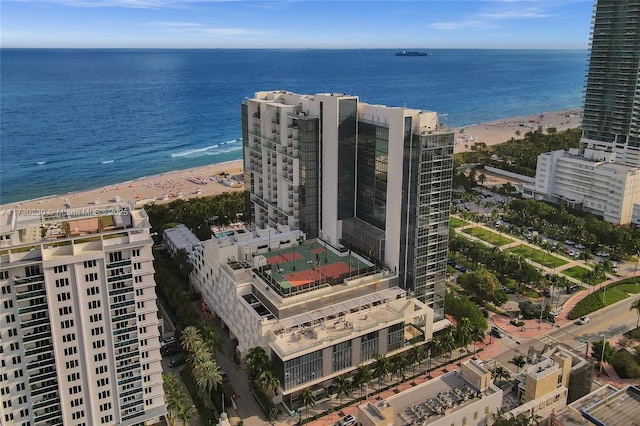 drone / aerial view with a water view and a view of the beach