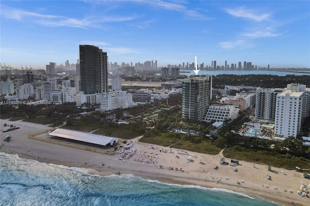 city view featuring a water view and a view of the beach