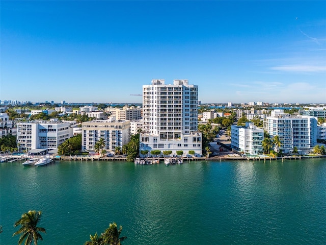 drone / aerial view featuring a view of city and a water view