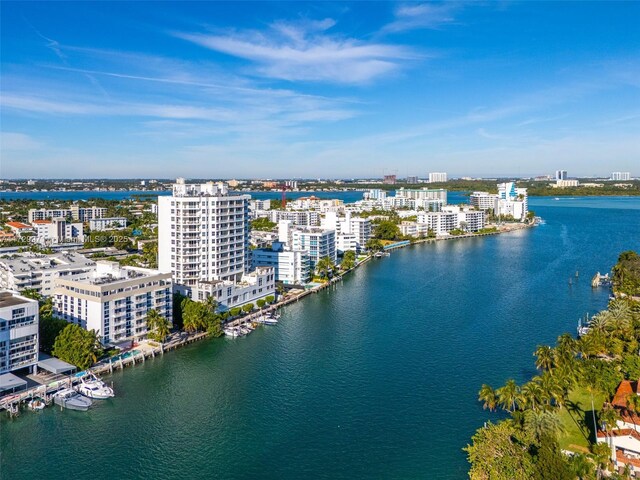 bird's eye view with a water view