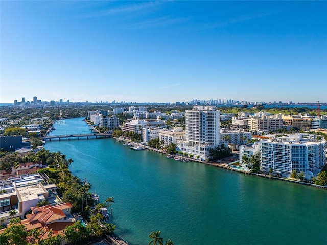 aerial view featuring a city view and a water view