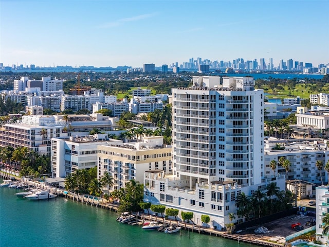 birds eye view of property featuring a city view and a water view