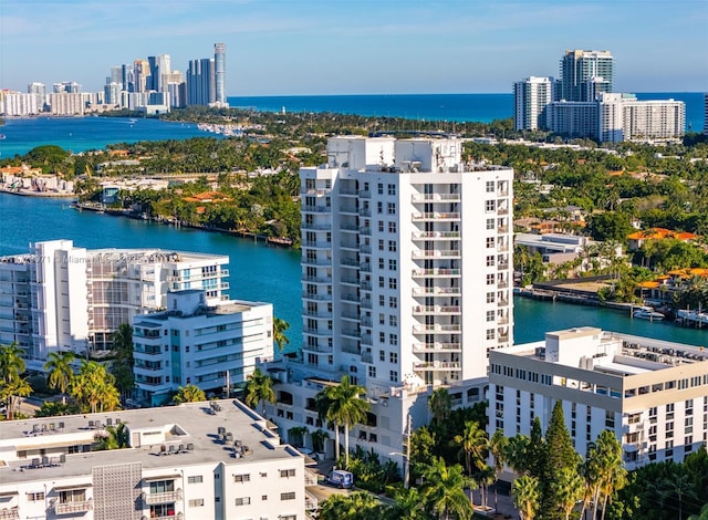 aerial view featuring a city view and a water view