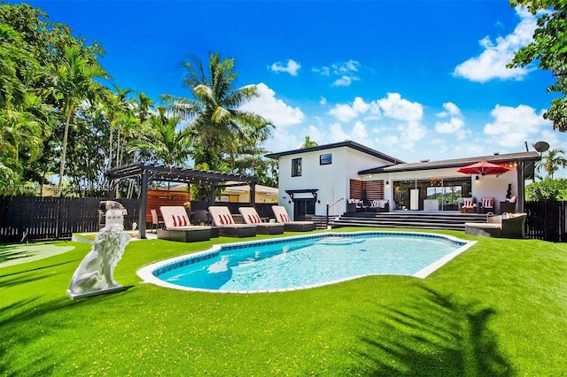 view of swimming pool featuring a deck, fence, an outdoor living space, a fenced in pool, and a pergola