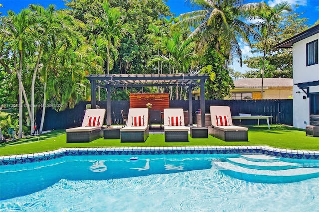 view of swimming pool with a fenced in pool, a fenced backyard, a lawn, and a pergola