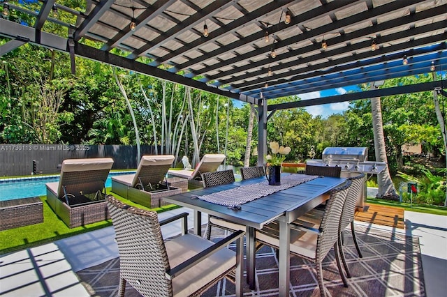view of patio / terrace with outdoor dining space, fence, a fenced in pool, and a pergola