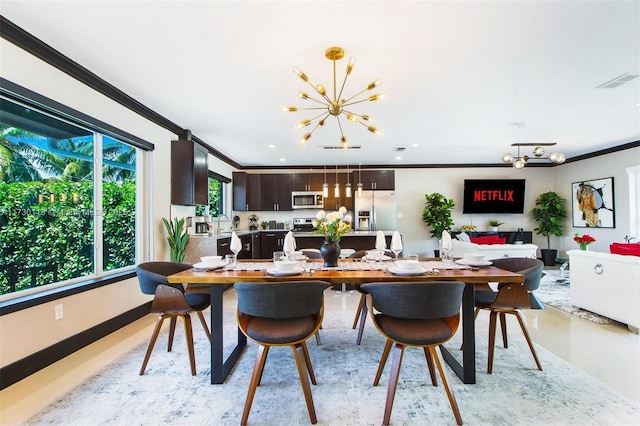 dining room featuring a chandelier, ornamental molding, visible vents, and recessed lighting