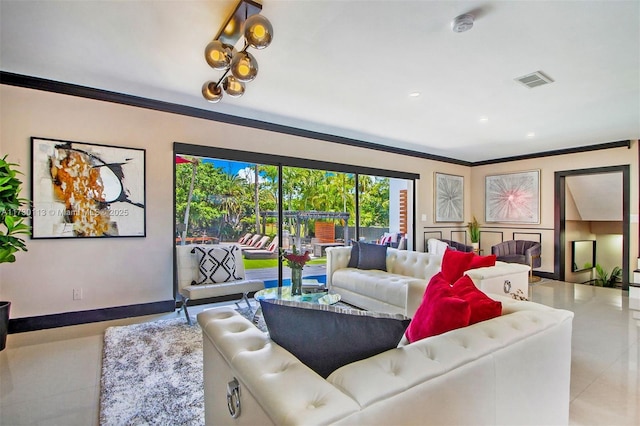 tiled living area with ornamental molding, recessed lighting, visible vents, and baseboards