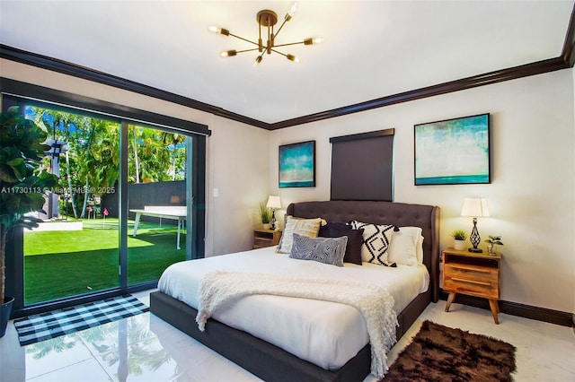 bedroom featuring an inviting chandelier, access to outside, baseboards, and crown molding