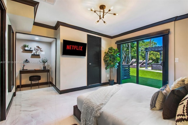 bedroom featuring baseboards, marble finish floor, access to outside, crown molding, and a notable chandelier