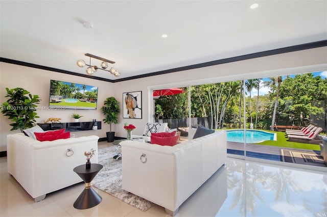living room featuring recessed lighting, light tile patterned flooring, and crown molding
