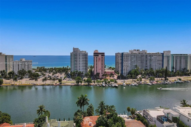 birds eye view of property featuring a water view