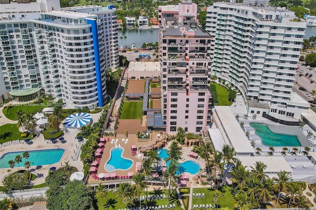 drone / aerial view featuring a water view