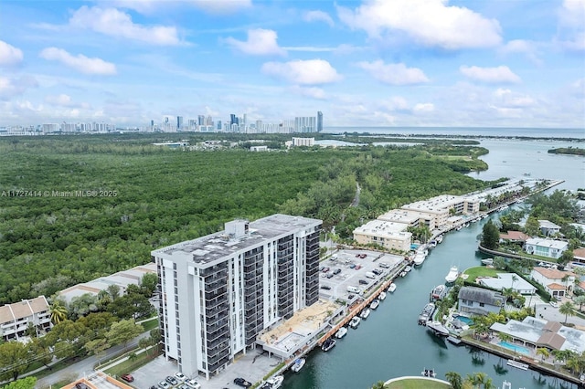 aerial view featuring a water view