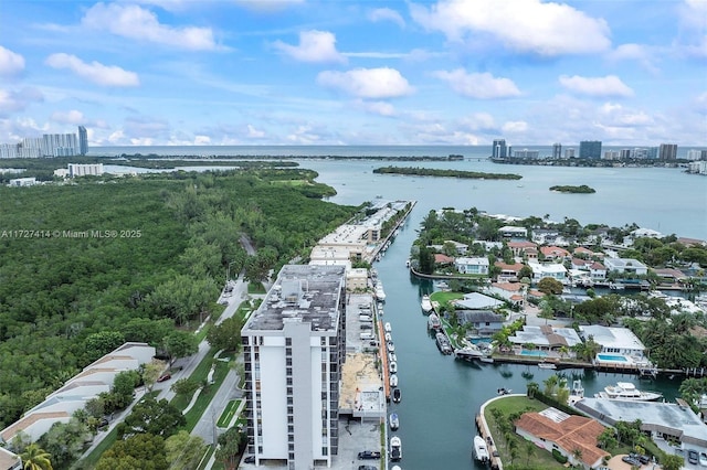 aerial view featuring a water view