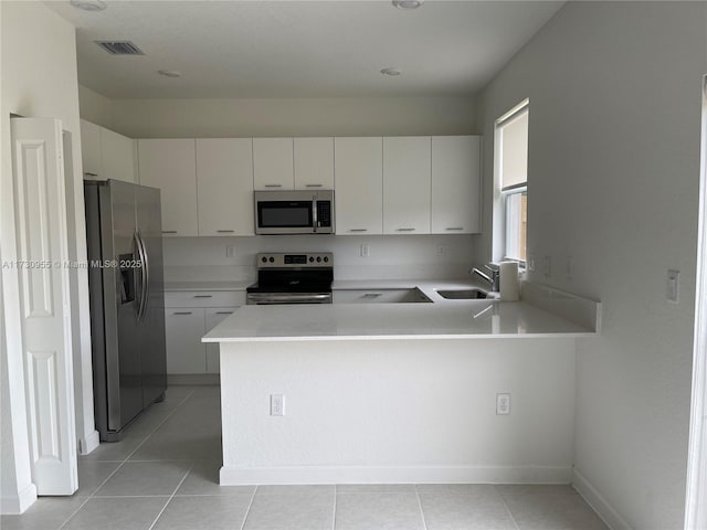 kitchen featuring light tile patterned floors, white cabinets, sink, kitchen peninsula, and stainless steel appliances