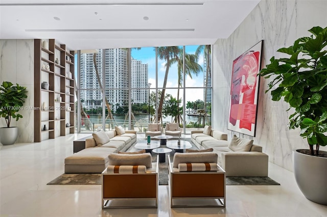 building lobby featuring a water view