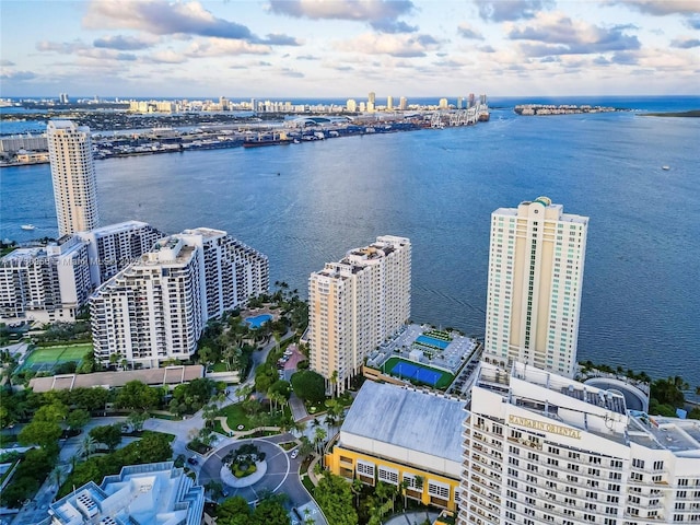 bird's eye view with a water view