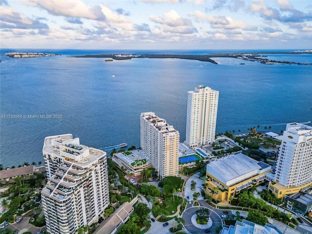 bird's eye view with a water view