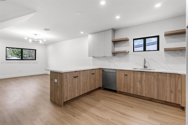 kitchen with sink, stainless steel dishwasher, white cabinets, light hardwood / wood-style floors, and backsplash