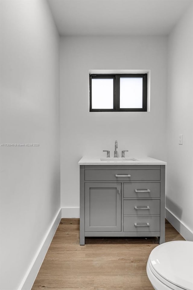 bathroom with hardwood / wood-style flooring, vanity, and toilet