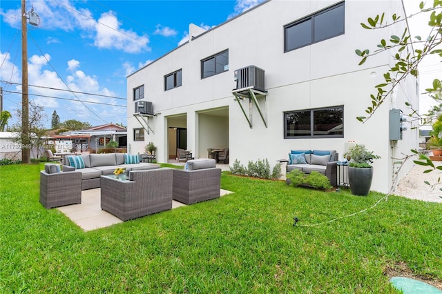 back of property featuring cooling unit, a yard, a patio area, and outdoor lounge area