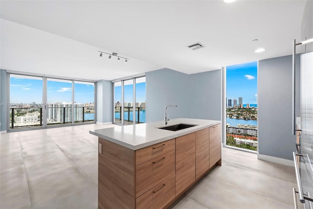 kitchen featuring a wall of windows, a kitchen island with sink, sink, track lighting, and a water view