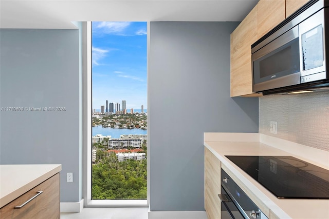 kitchen featuring black appliances, a water view, a healthy amount of sunlight, and tasteful backsplash