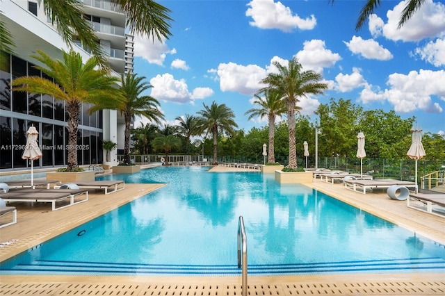 view of swimming pool featuring a patio