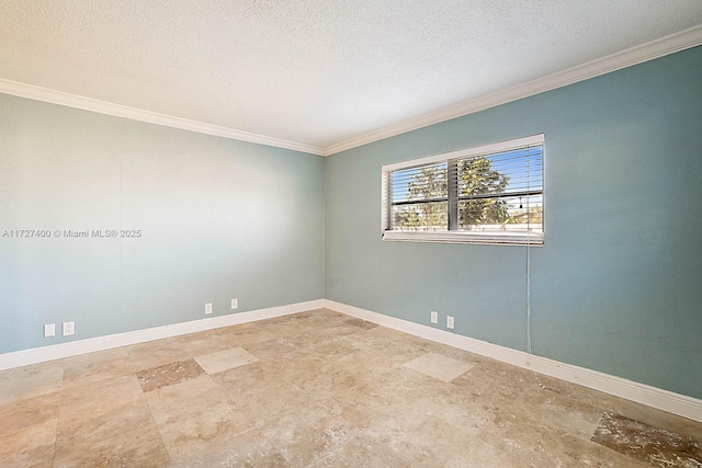 unfurnished room with crown molding and a textured ceiling