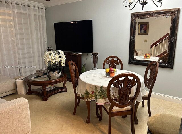 tiled dining space with ornamental molding