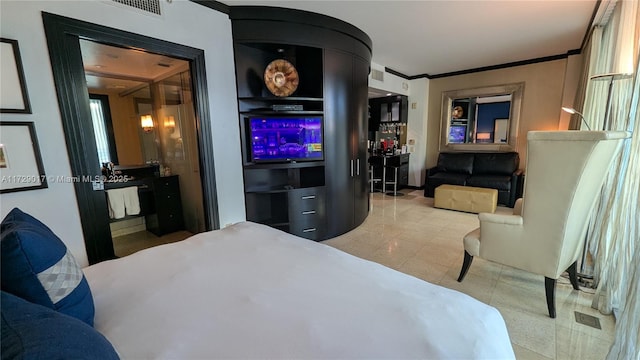 bedroom featuring tile patterned floors and crown molding