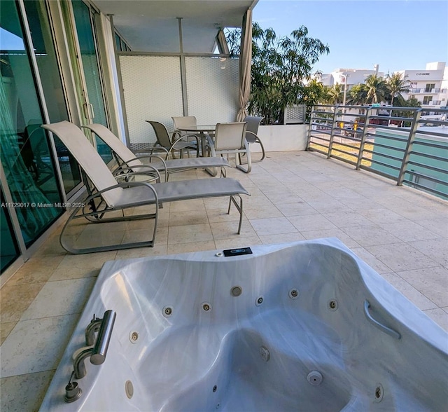 view of patio featuring a hot tub