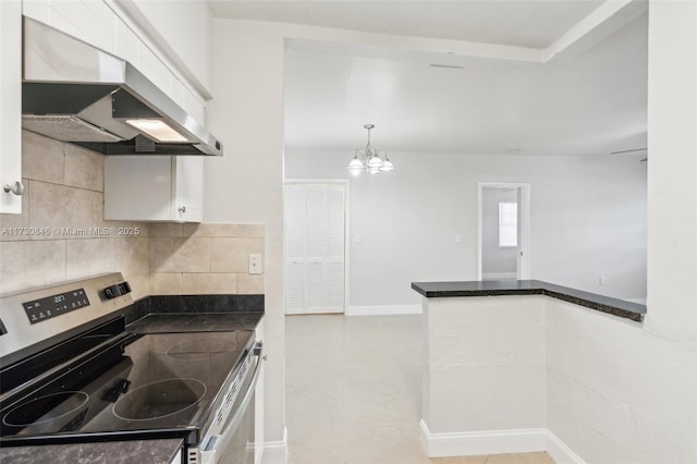 kitchen with custom exhaust hood, white cabinetry, tasteful backsplash, hanging light fixtures, and stainless steel electric range oven