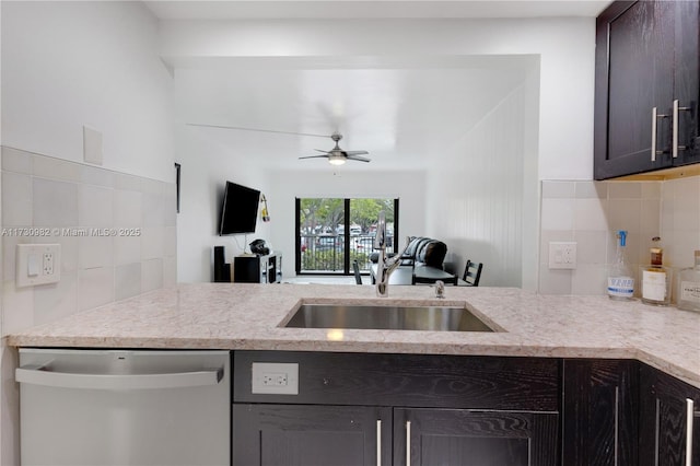 kitchen featuring sink, ceiling fan, tasteful backsplash, dark brown cabinetry, and stainless steel dishwasher