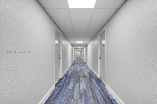 corridor featuring a paneled ceiling and wood-type flooring