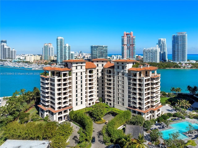 aerial view featuring a water view